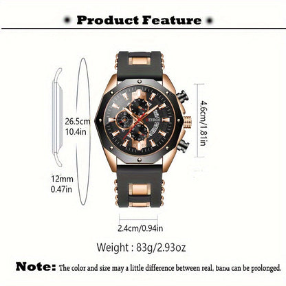 Men's Business Quartz Watch with Calendar | Durable Silicone Strap, Blue & Golden-Tone Business Casual Watch, Ideal Gift for Him