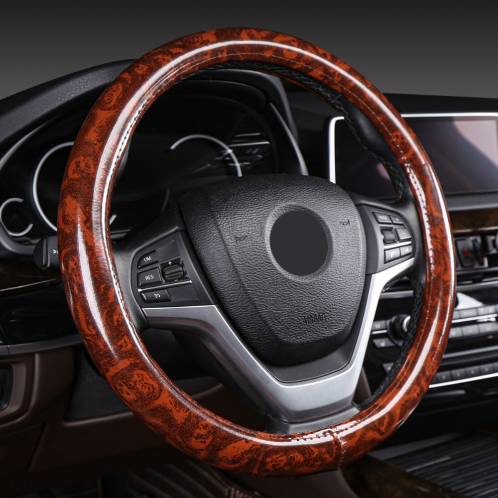 Non-Slip Steering Wheel Cover Compatible for - Breathable Imitation Wood with Red Wood Grain Pattern, Direct Fit Car Steering Grip (No Inner) - Interior Upgrade Wheel Cover