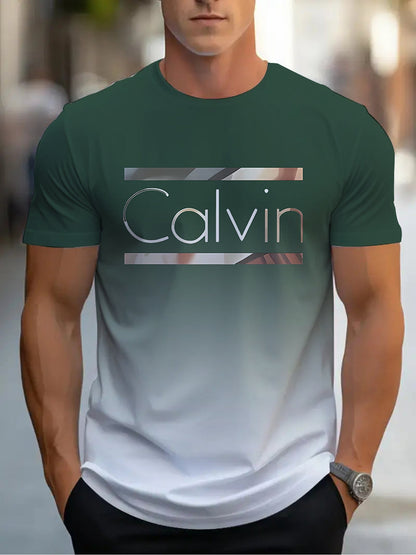 Summer Men'S 3D Digital Printing, Cool Gradual Change: "Calvin" Printed T-Shirt, Casual And Comfortable Versatile Men'S Round Neck Short Sleeves, Suitable for Daily And Sports Wear