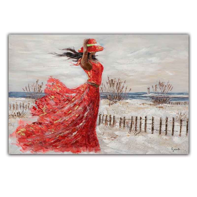 Hand-Painted Oil Painting Canvas Wall Art Decoration Girl Red Dress Seaside Abstract People Texture Art For Home Living Room Artwork Decor Rolled Frameless Unstretched Painting