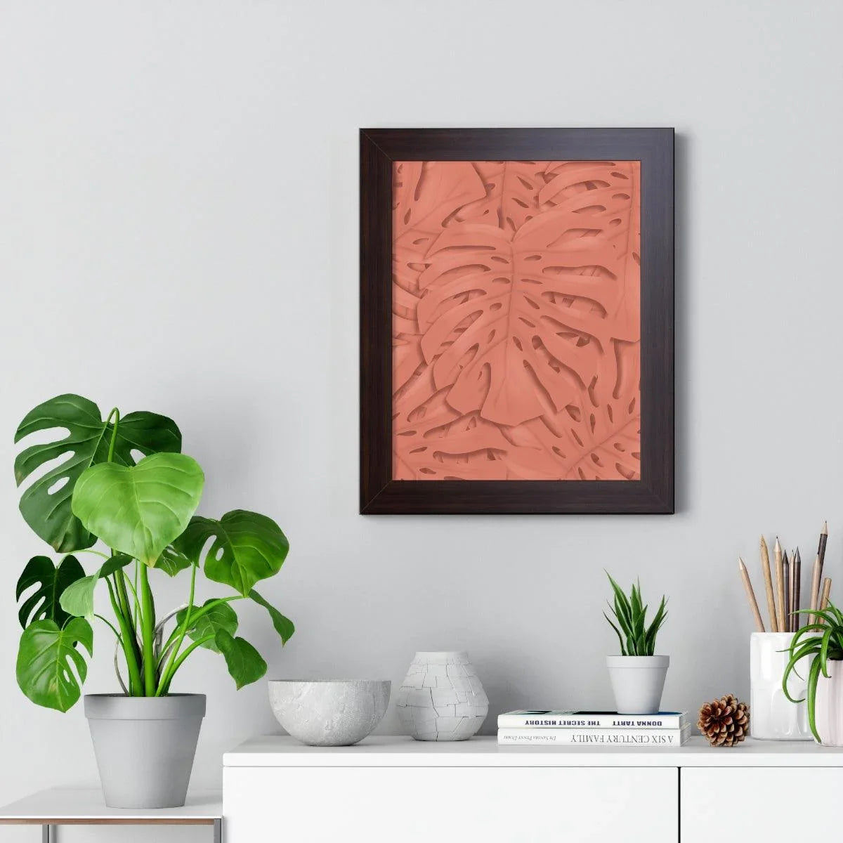 Coral Monstera Framed Print – Botanical Wall Art