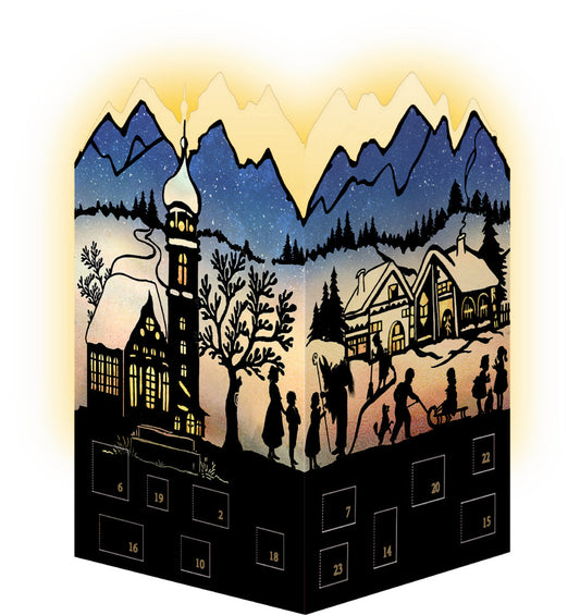 Winter Village Scene Silhouette Advent Lantern Card With Envelope