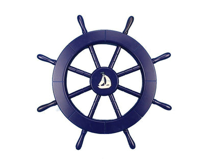 Dark Blue Decorative Ship Wheel with Sailboat 18""