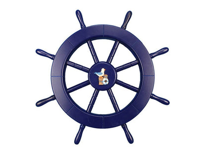 Dark Blue Decorative Ship Wheel with Seagull and Lifering 18""