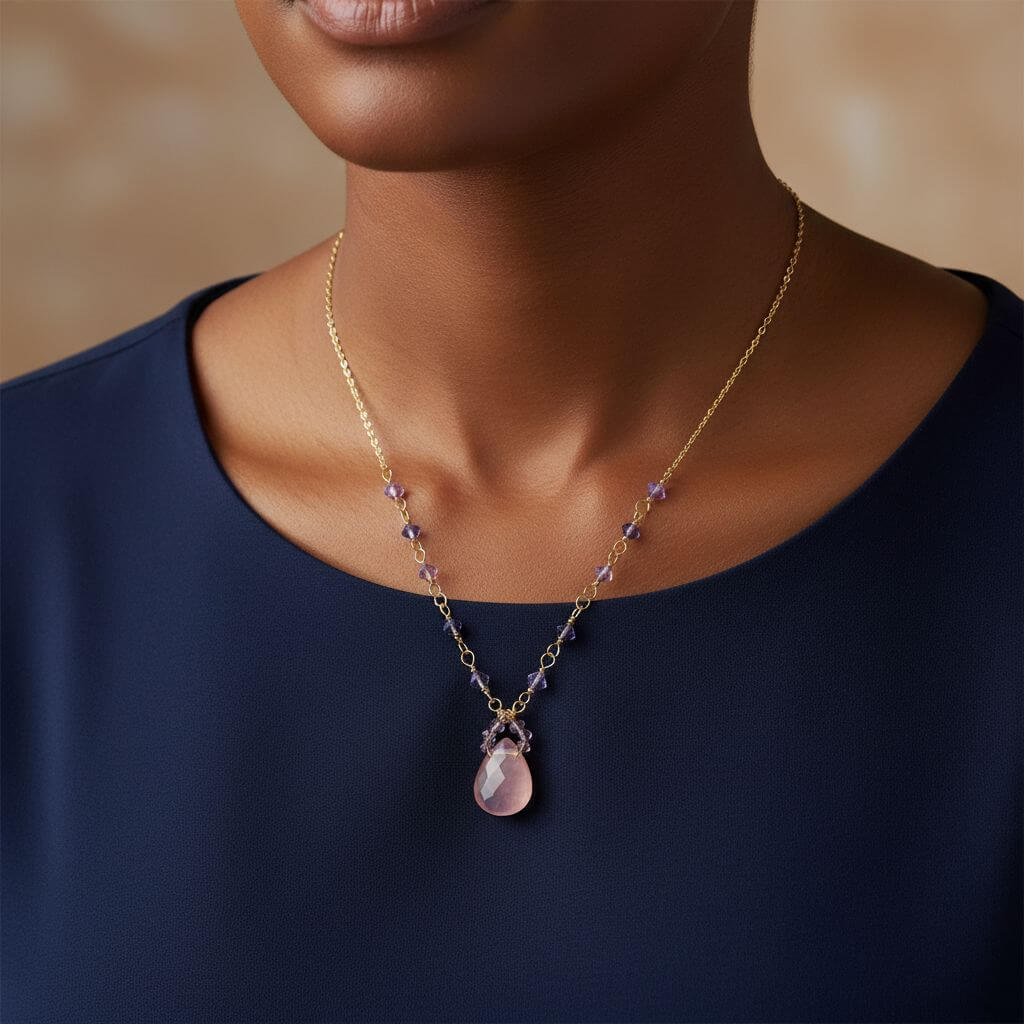 Lavender Chalcedony and Crystal Gold Filled Necklace