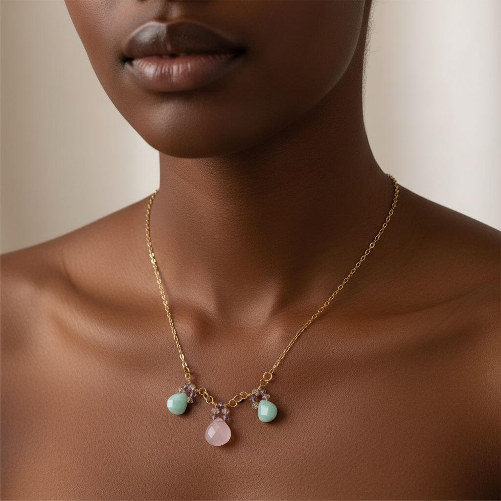Gold Filled Light Pink and Mint Chalcedony Chain Necklace
