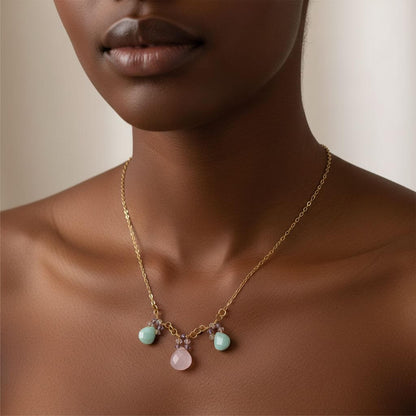 Gold Filled Light Pink and Mint Chalcedony Chain Necklace