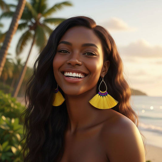 Handmade Hawaii Hula Skirt Rayon Silk Tassel Hoop Earrings