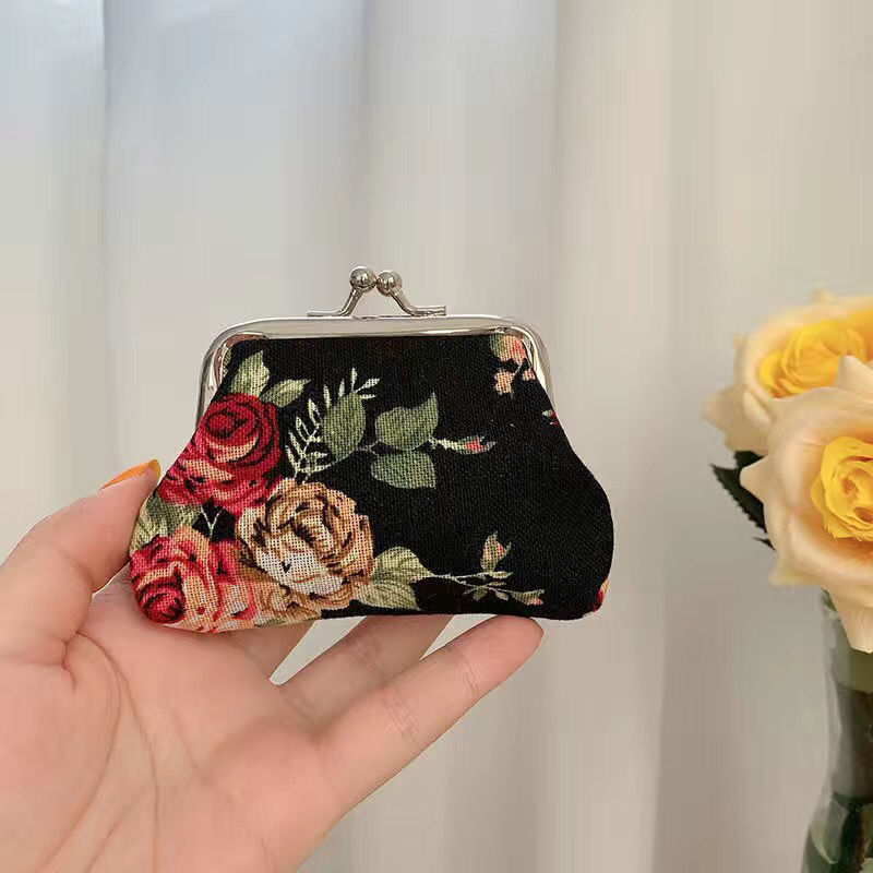 Retro Mini Canvas Coin Purse - Vintage Floral Plaid Small Zipper Wallet Organizer