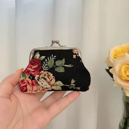 Retro Mini Canvas Coin Purse - Vintage Floral Plaid Small Zipper Wallet Organizer