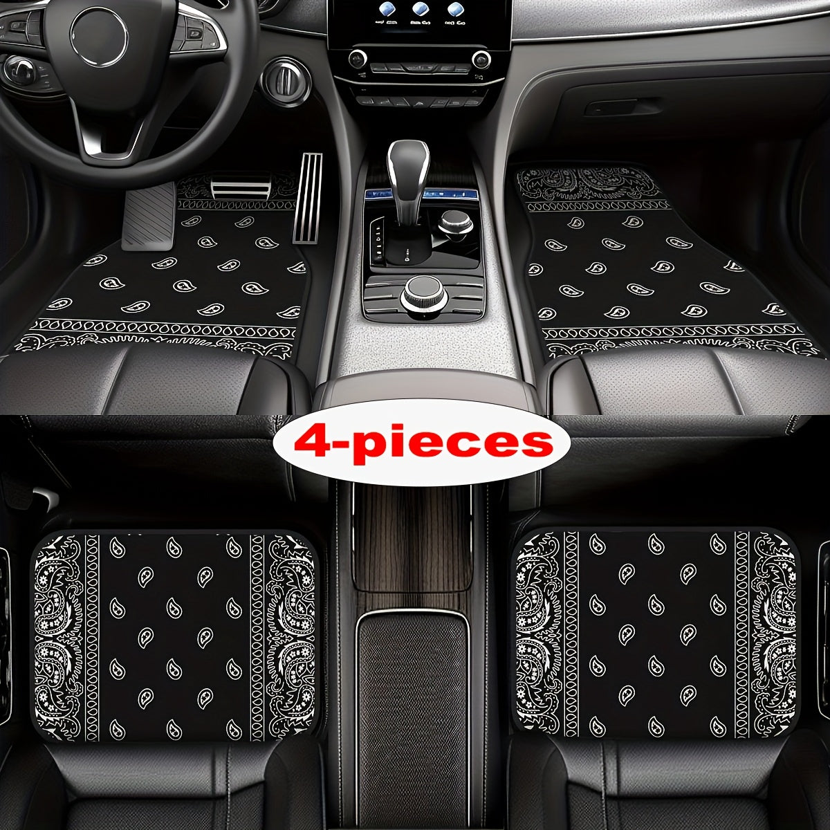[Black Retro Car Carpets] 4pcs Set Of Black Retro Patterned Car Carpets, Four-season Vehicle Carpets, with Anti-slip Base, Easy to Clean Car Interior Accessories, Suitable for All Car Models