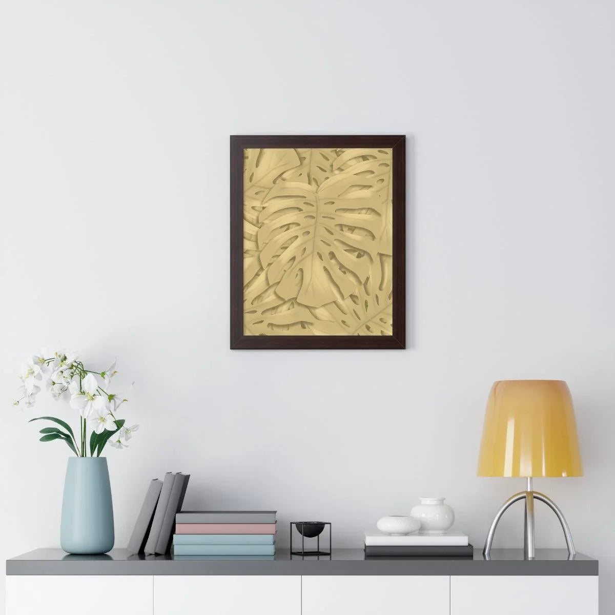 Golden Monstera Framed Print – Botanical Wall Art