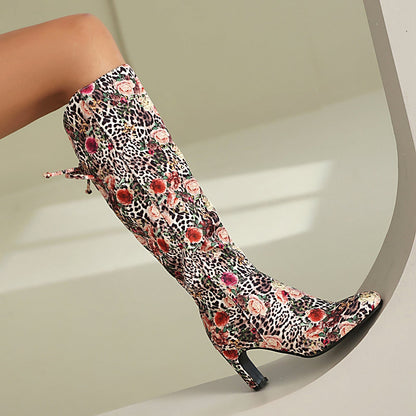 Womens Floral Patchwork Bowknot Chunky Heel Over-the-Knee Boots