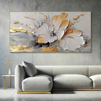 Handmade Oil Painting Canvas Wall Art Decoration Modern Abstract Rich Golden-White Floral For Home Living Room Decor Rolled Frameless Unstretched Painting