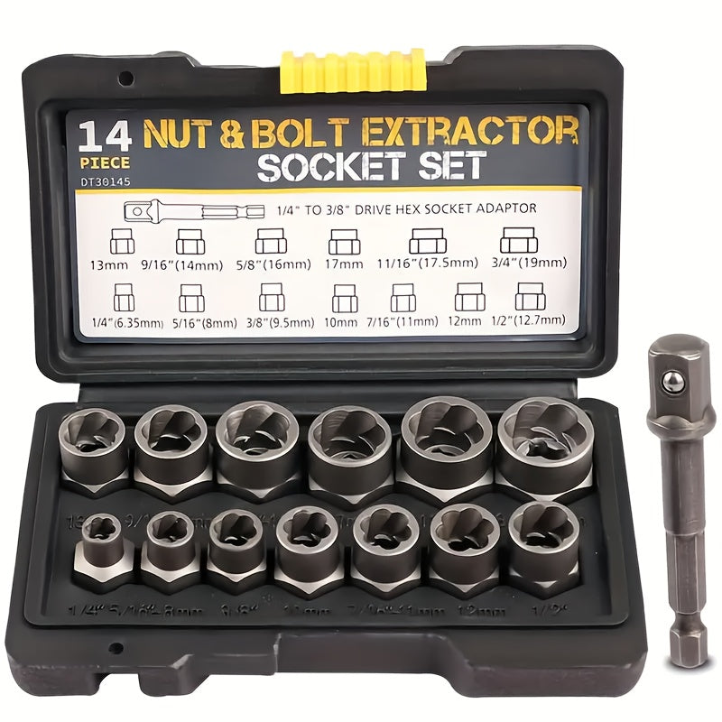 YCUPUP Nut Extractor Kit 14pcs Nut Removal Tool With 13 Bolts And Nut Removers, 1 Hex Socket Adapter For 1/4" To 3/8" Drives