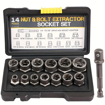 YCUPUP Nut Extractor Kit 14pcs Nut Removal Tool With 13 Bolts And Nut Removers, 1 Hex Socket Adapter For 1/4" To 3/8" Drives