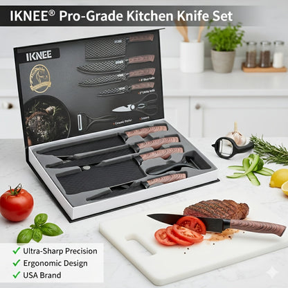Professional 6pcs Kitchen Knife Set - Chef's Knife, Slicing Knife, Scraper, and Scissors - High Carbon Stainless Steel with Ultra-Sharp Blades, Non-Stick Ergonomic Wooden Handles - Ideal for Home, Travel, and Gift Box Set