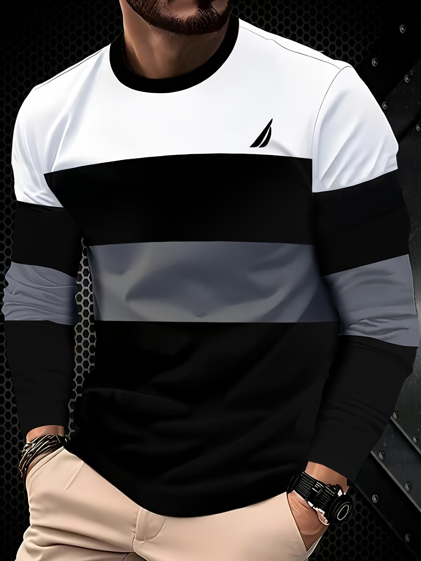 Men's & Teens Long Sleeve T-Shirt with Full-Body Striped Print - Black & White All-Season Casual Crew Neck Shirt, Suitable for Dad Gifts, Christmas Presents, Year-Round Wear - Machine Washable Digital Print Underwear
