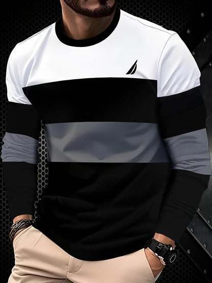 Men's & Teens Long Sleeve T-Shirt with Full-Body Striped Print - Black & White All-Season Casual Crew Neck Shirt, Suitable for Dad Gifts, Christmas Presents, Year-Round Wear - Machine Washable Digital Print Underwear