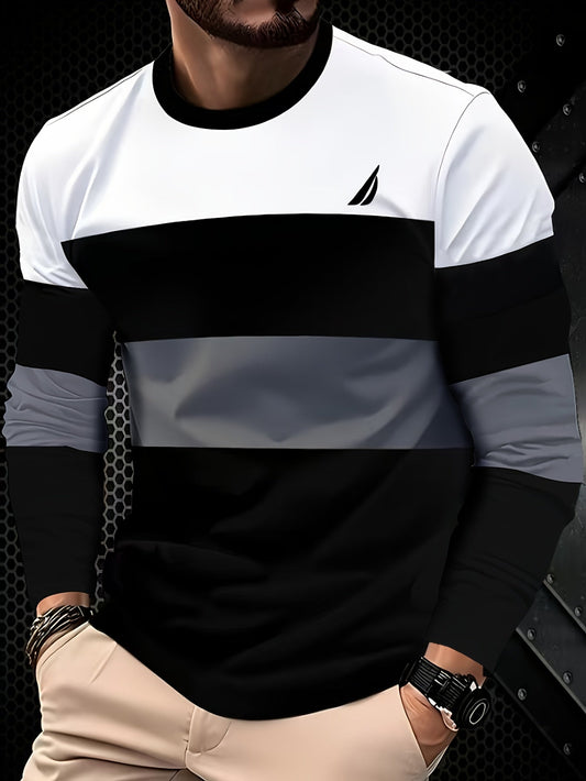 Men's & Teens Long Sleeve T-Shirt with Full-Body Striped Print - Black & White All-Season Casual Crew Neck Shirt, Suitable for Dad Gifts, Christmas Presents, Year-Round Wear - Machine Washable Digital Print Underwear
