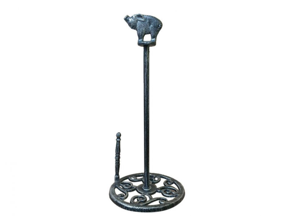 Rustic Silver Cast Iron Pig Paper Towel Holder 15""