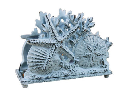 Rustic Dark Blue Whitewashed Cast Iron Seashell Napkin Holder 7""