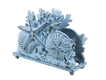 Rustic Dark Blue Whitewashed Cast Iron Seashell Napkin Holder 7""