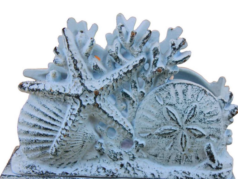 Rustic Dark Blue Whitewashed Cast Iron Seashell Napkin Holder 7""