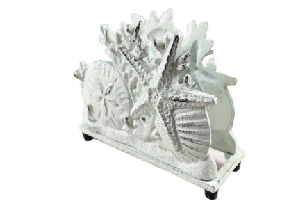 Rustic Whitewashed Cast Iron Seashell Napkin Holder 7""