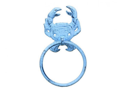 Dark Blue Whitewashed Cast Iron Crab Towel Holder 8""