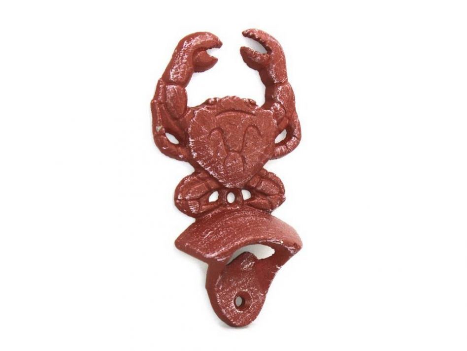 Red Whitewashed Cast Iron Wall Mounted Crab Bottle Opener 6""