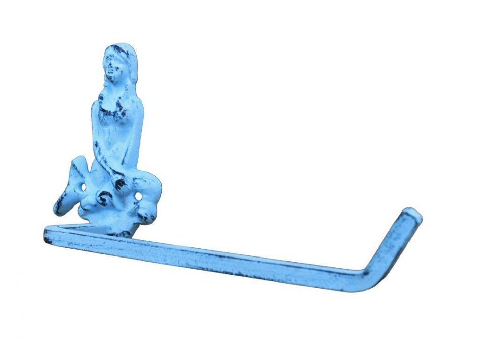 Dark Blue Whitewashed Cast Iron Mermaid Toilet Paper Holder 10""