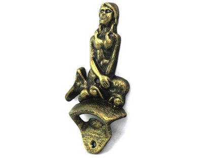 Antique Gold Cast Iron Wall Mounted Mermaid Bottle Opener 6""