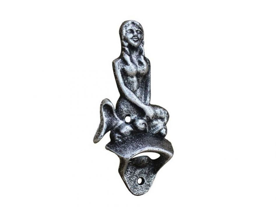 Antique Silver Cast Iron Wall Mounted Mermaid Bottle Opener 6""