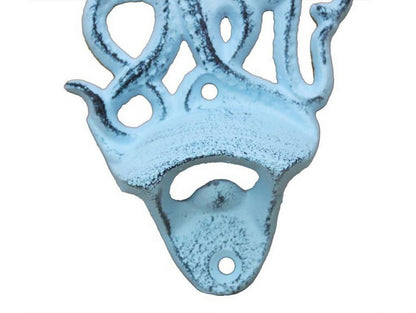 Dark Blue Whitewashed Cast Iron Wall Mounted Octopus Bottle Opener 6""