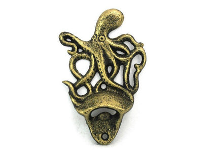 Antique Gold Cast Iron Wall Mounted Octopus Bottle Opener 6""