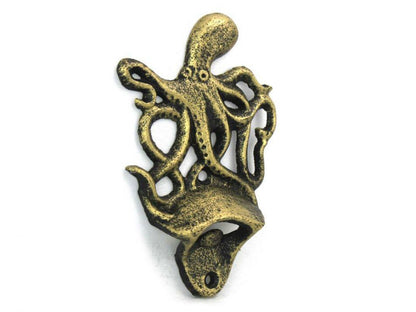 Antique Gold Cast Iron Wall Mounted Octopus Bottle Opener 6""