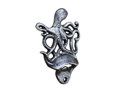 Antique Silver Cast Iron Wall Mounted Octopus Bottle Opener 6""