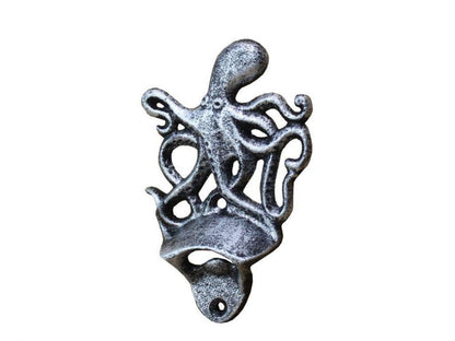 Antique Silver Cast Iron Wall Mounted Octopus Bottle Opener 6""