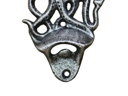 Antique Silver Cast Iron Wall Mounted Octopus Bottle Opener 6""