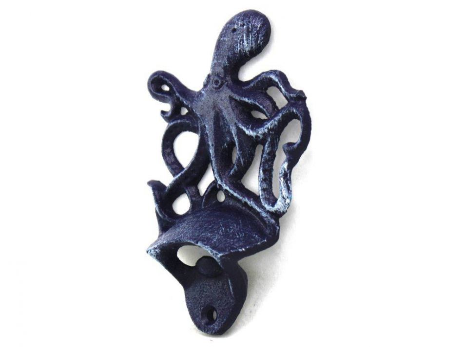Rustic Dark Blue Cast Iron Wall Mounted Octopus Bottle Opener 6""