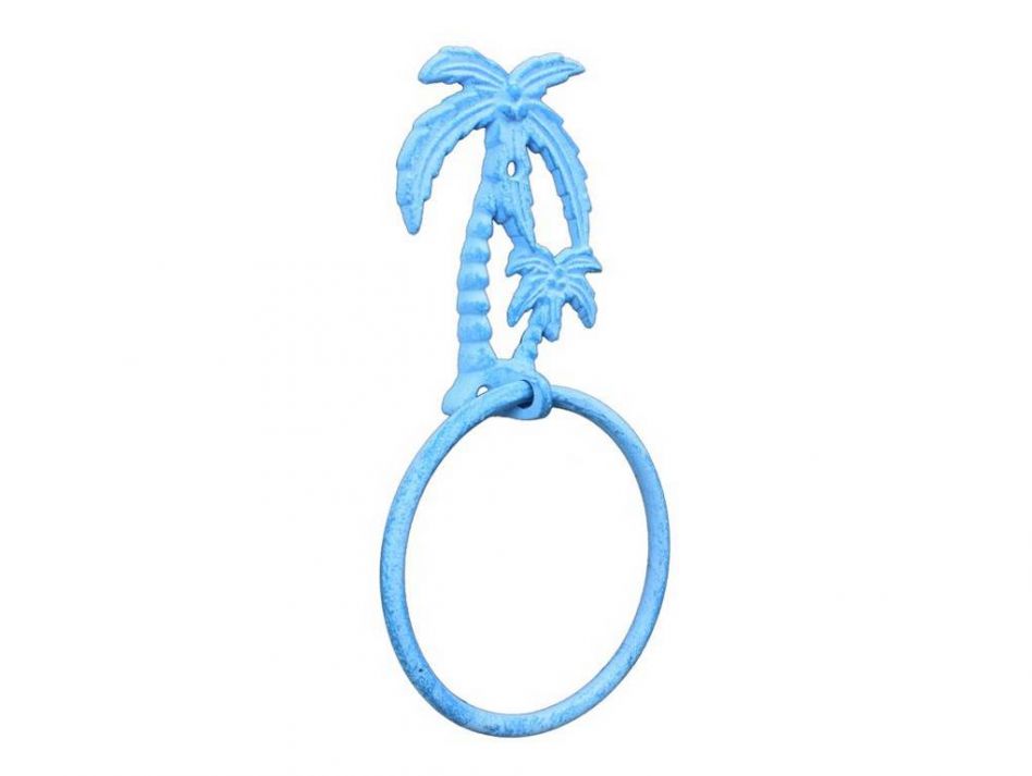 Light Blue Whitewashed Cast Iron Palm Tree Towel Holder 9""