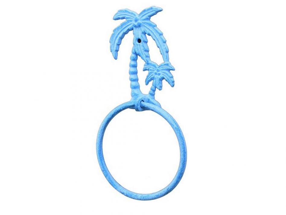 Light Blue Whitewashed Cast Iron Palm Tree Towel Holder 9""