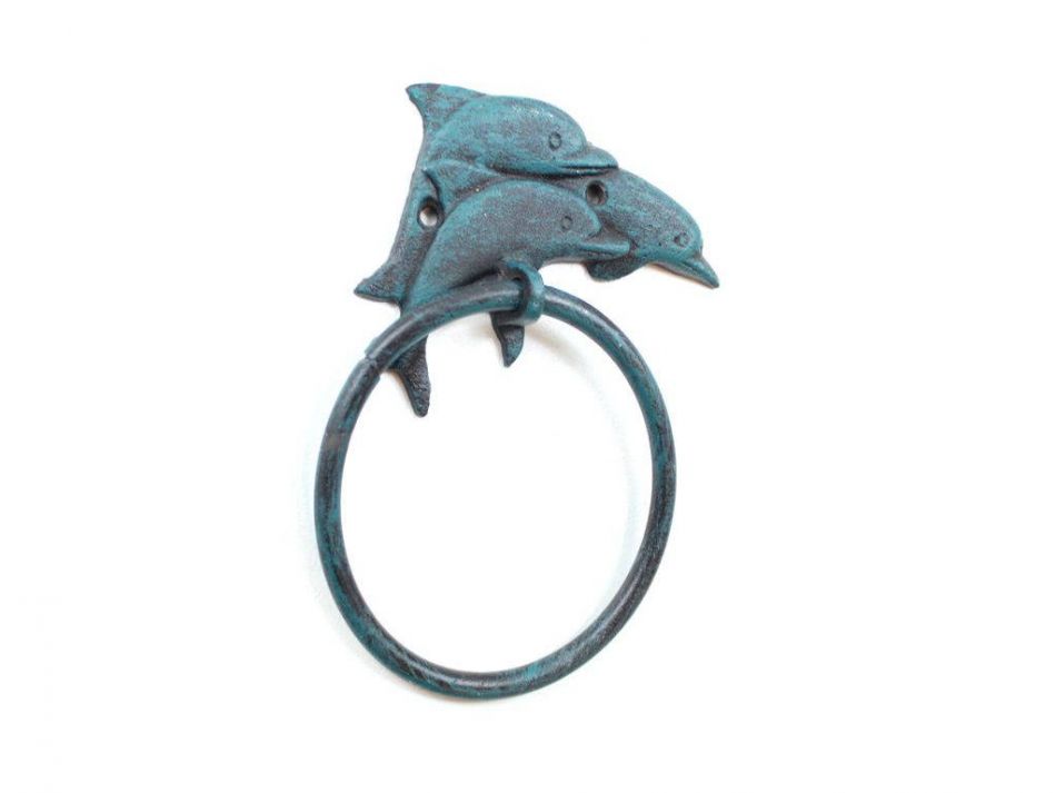 Seaworn Blue Cast Iron Dolphins Towel Holder 7""