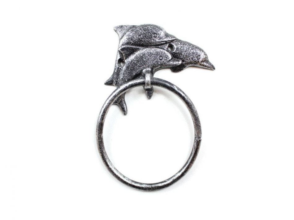 Rustic Silver Cast Iron Dolphins Towel Holder 7""