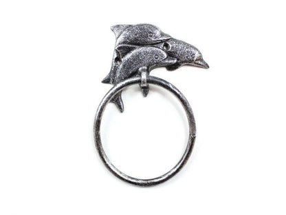 Rustic Silver Cast Iron Dolphins Towel Holder 7""