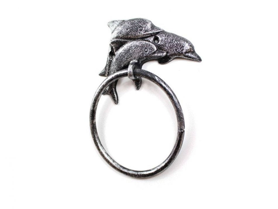 Rustic Silver Cast Iron Dolphins Towel Holder 7""