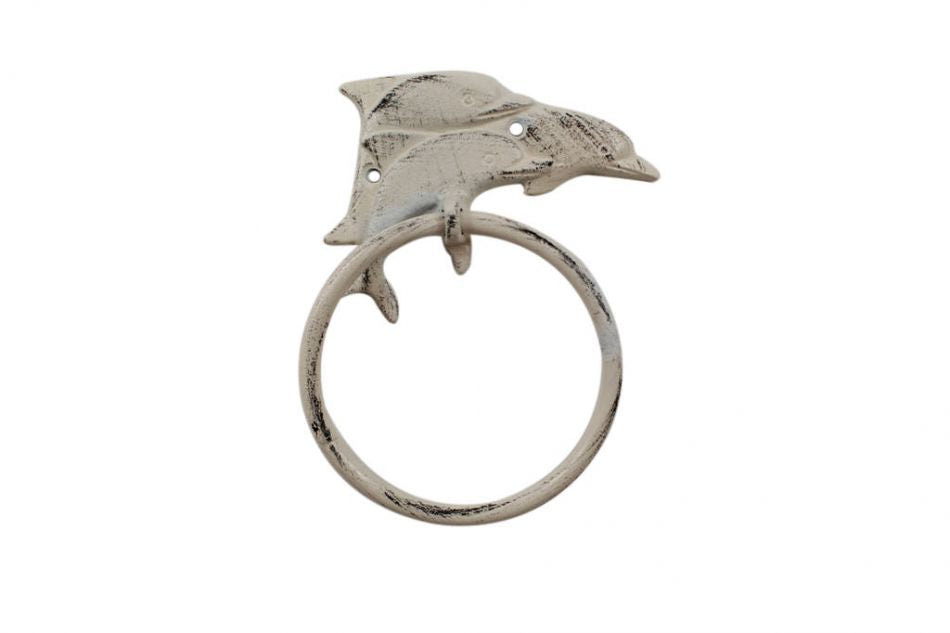 Whitewashed Cast Iron Dolphins Towel Holder 7""