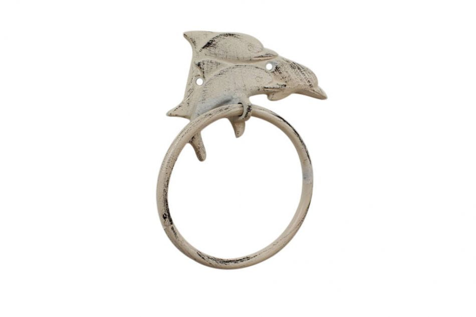 Whitewashed Cast Iron Dolphins Towel Holder 7""