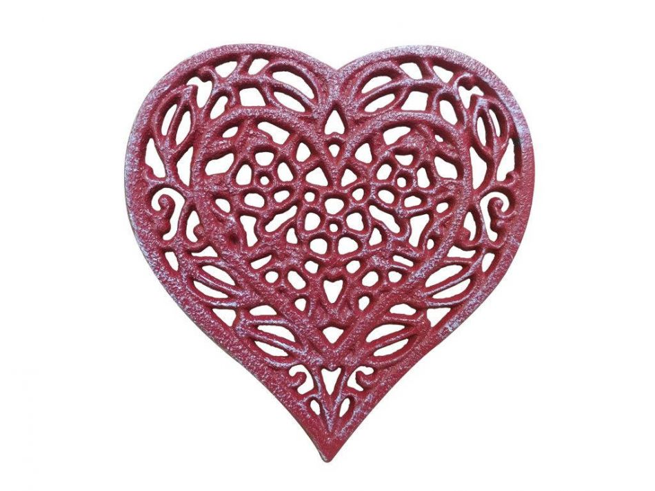 Rustic Red Whitewashed Cast Iron Heart Shaped Trivet 7""